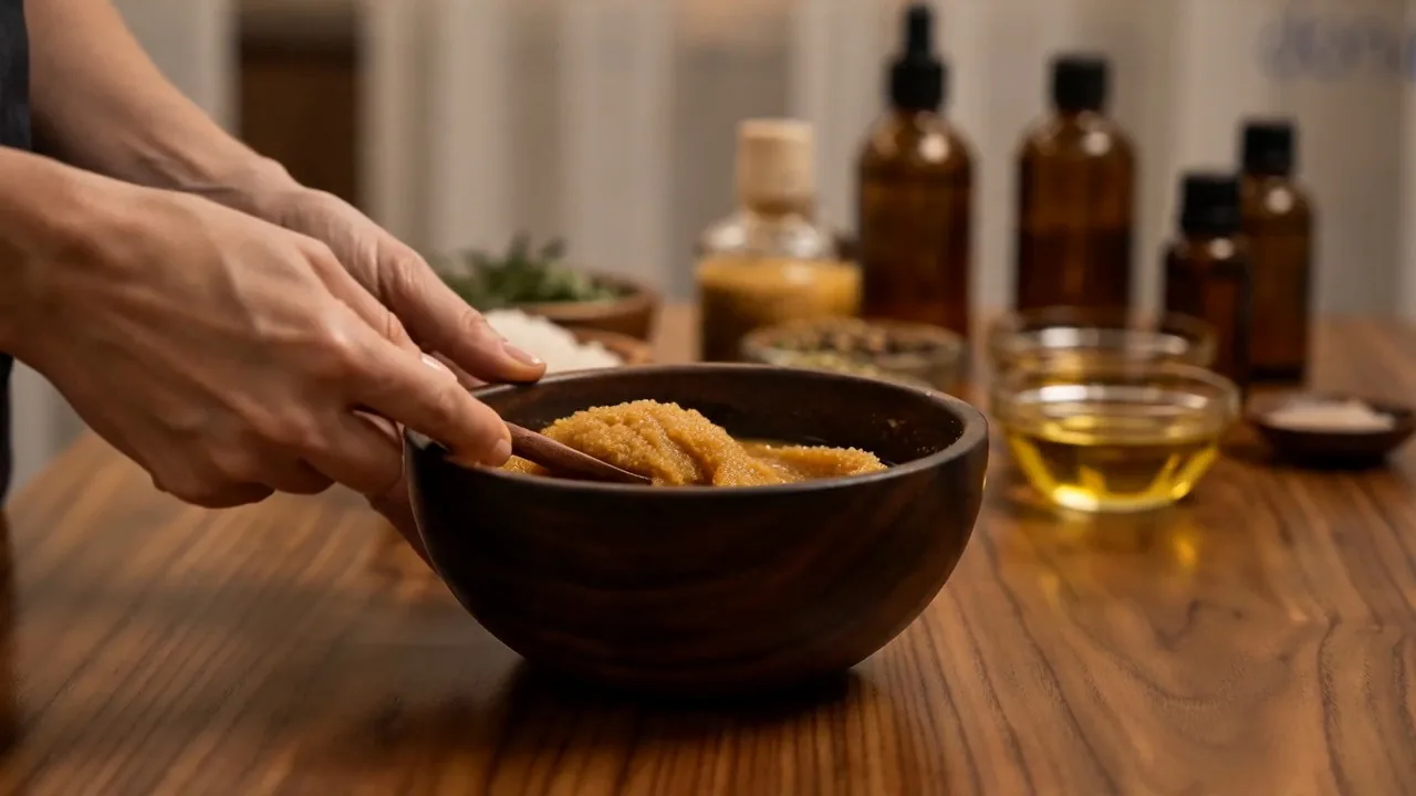 Hands preparing a fresh body scrub for the Tuesday Cleansing Ritual at donÉvita