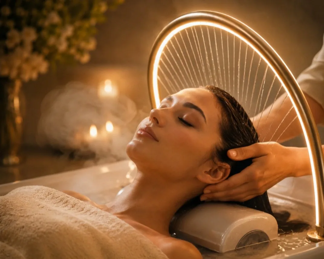 Guest receiving the water halo head spa used in the Wednesday Head Reset Ritual at donÉvita