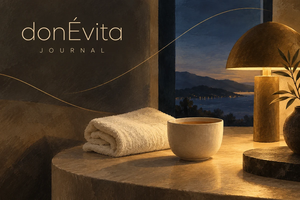 donÉvita Journal illustration of a towel and ceramic cup beside a warm lamp at dusk.