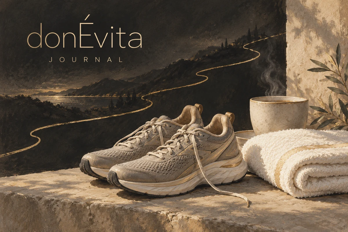 donÉvita Journal illustration of running shoes, an ivory towel, and a ceramic cup with a flowing gold path.